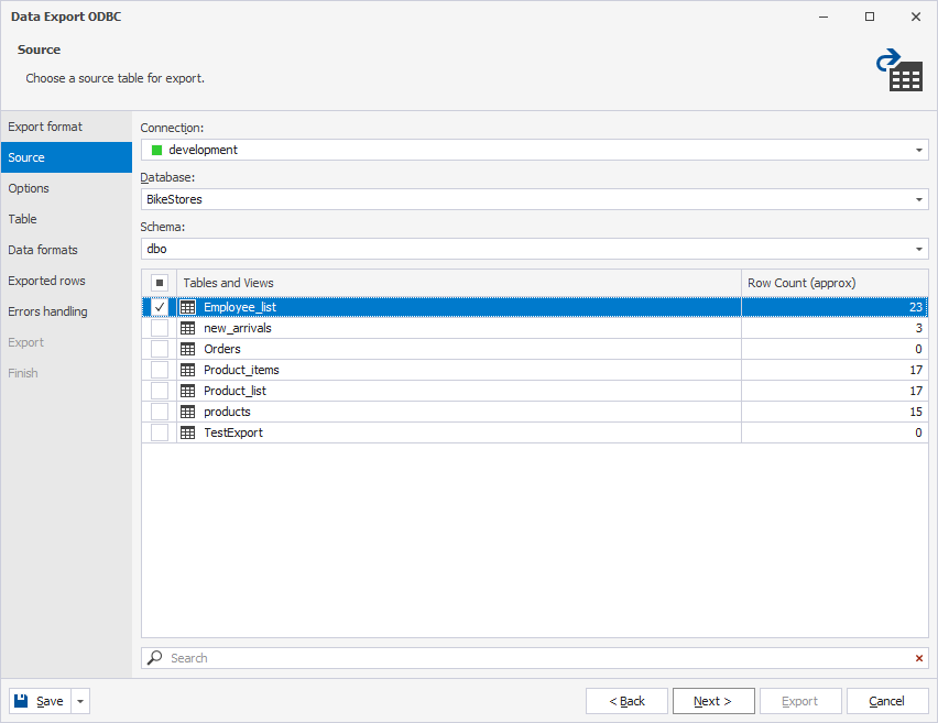 Select the source table to export data from