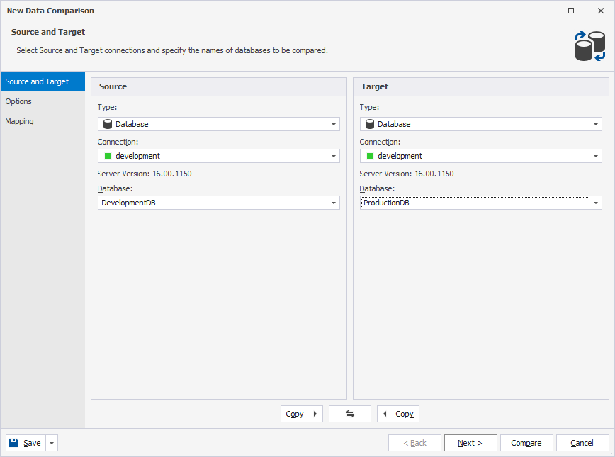 Select source and target databases for two-way synchronization