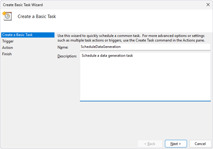 Specify a name and description for the data generation task