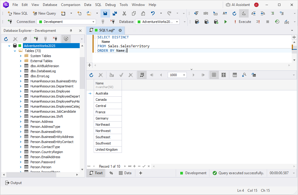 Query results showing a list of available sales territory names.