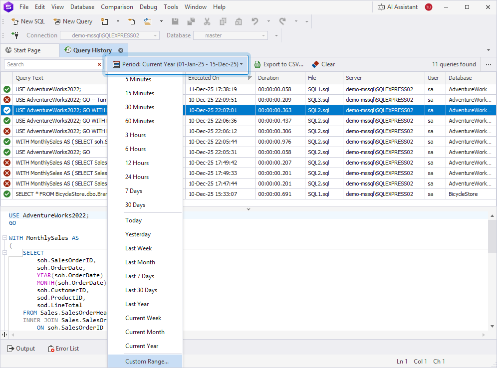 Specify a time period for queries