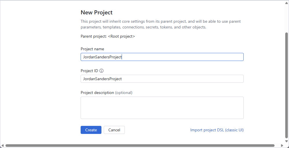 Specify the project name and optional description