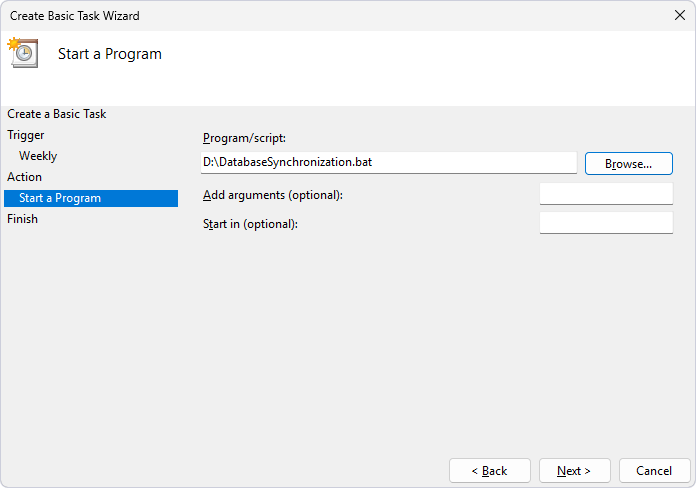 Specify the full path to the .bat file used for database synchronization