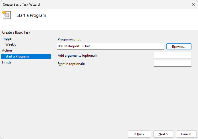 Select the .bat file on the Start a Program page of the Create Basic Task Wizard
