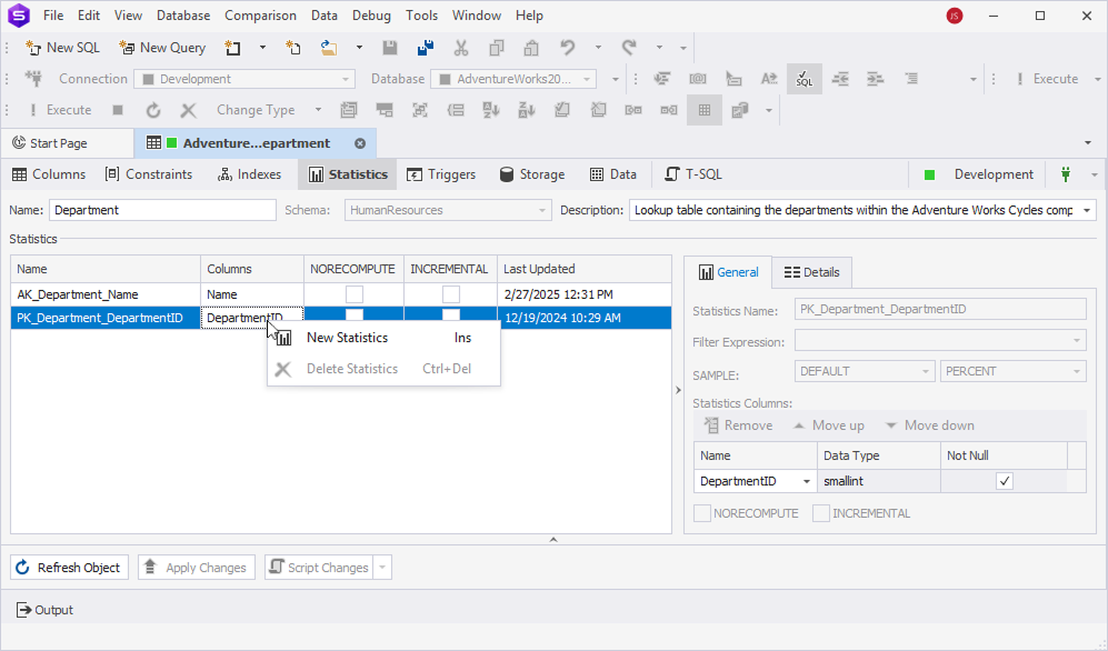 Table Editor - Statistics