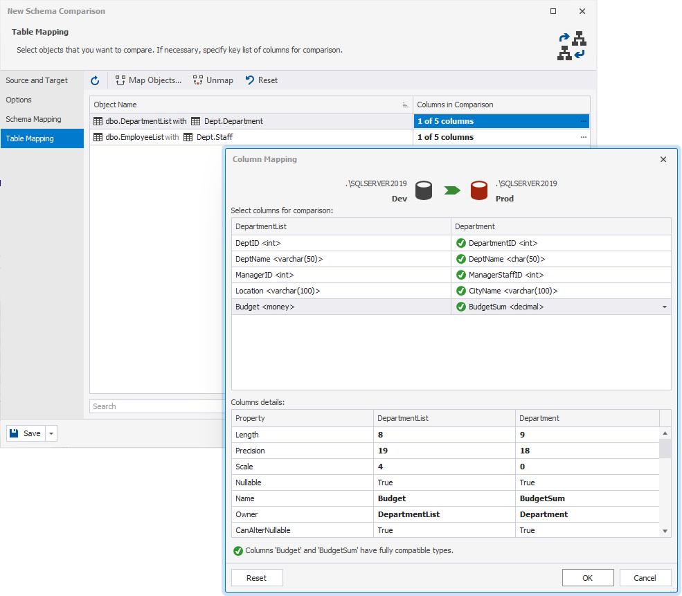 Map columns in dbForge Studio