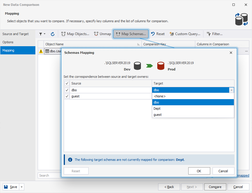 Map schemas in dbForge Studio