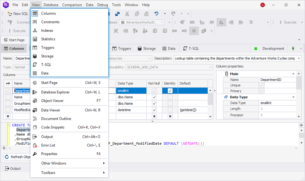 Switch between the tabs of the Table Editor