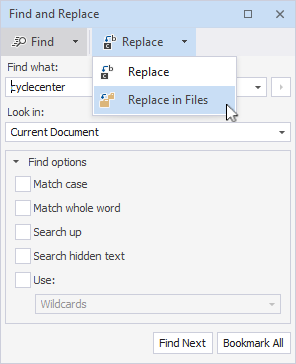 Switching between modes in the Find and Replace window
