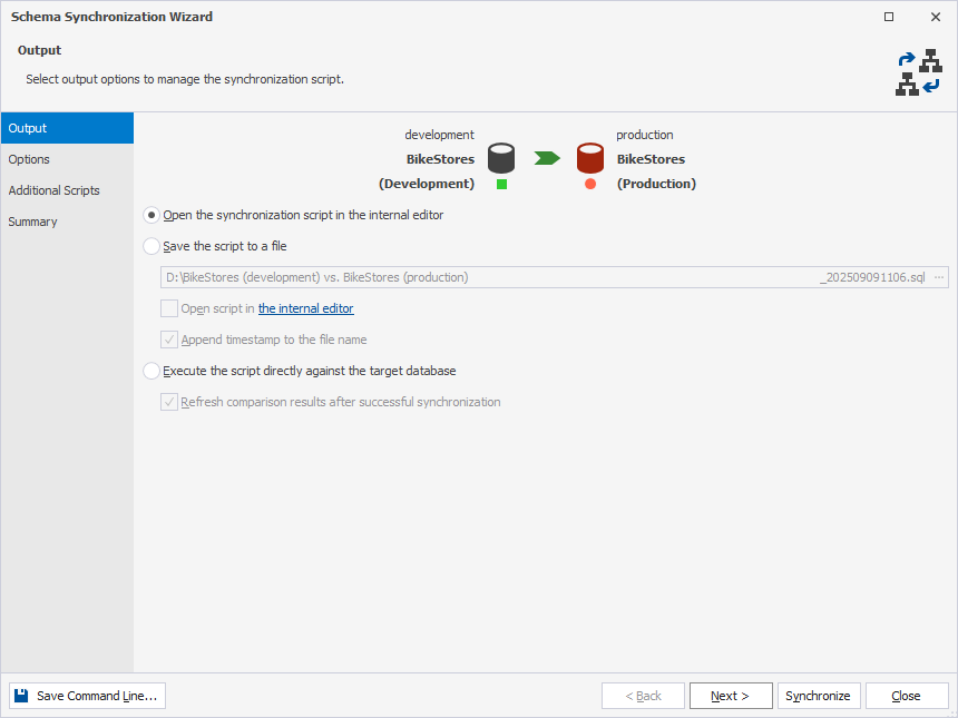 Synchronization output options in the Schema Synchronization wizard