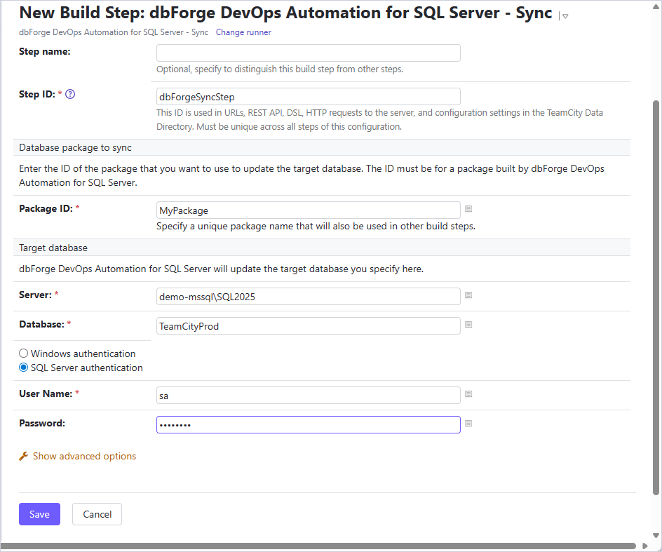 Configure the Sync step