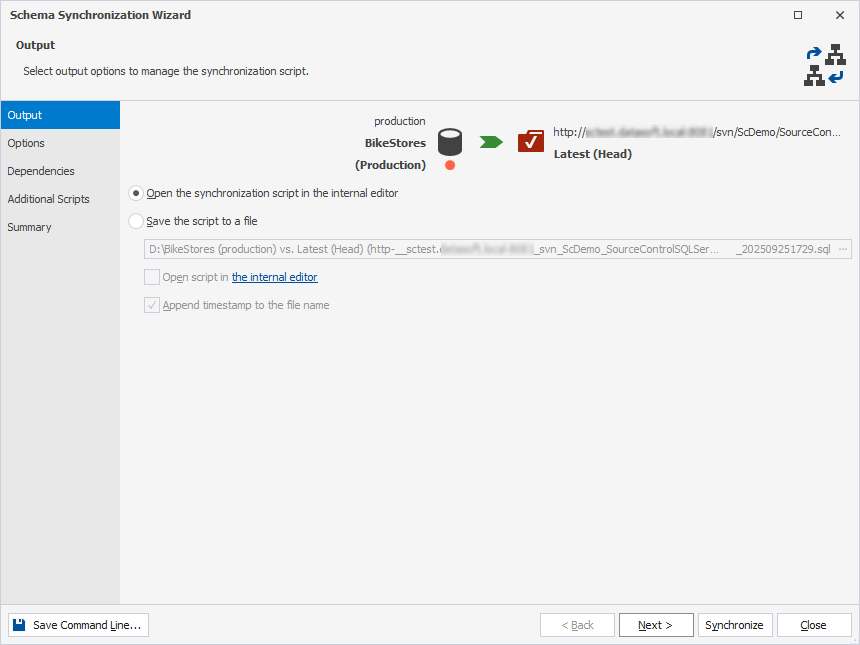 Output options available for a source control revision as the target