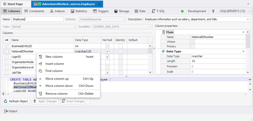 Defining Columns