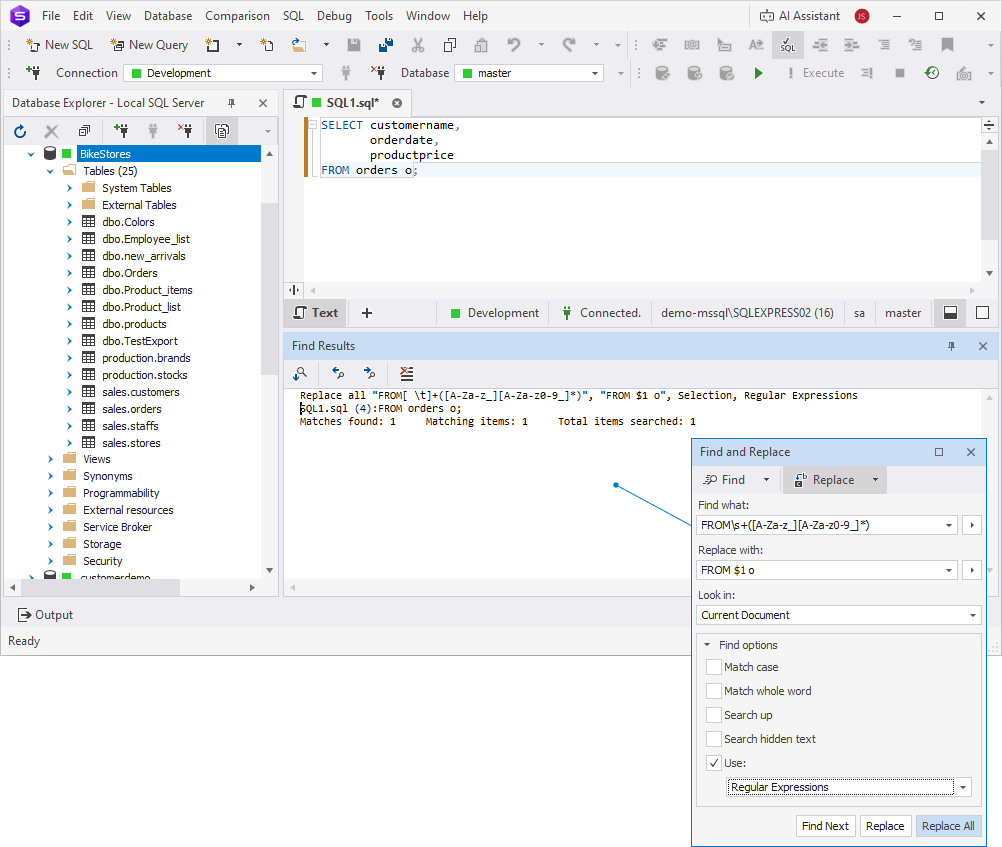 Apply a table alias using the Find and Replace window