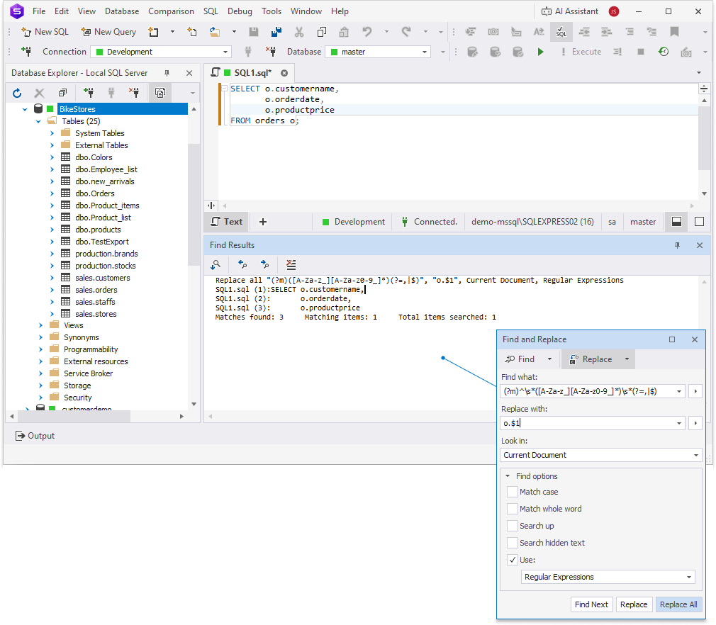Prefix column names with the table alias using the Find and Replace window