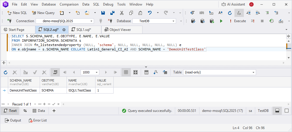 Verify that the schema is created for the specified test class