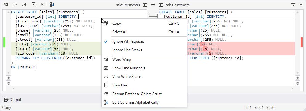 Shortcut menu in Text Compare