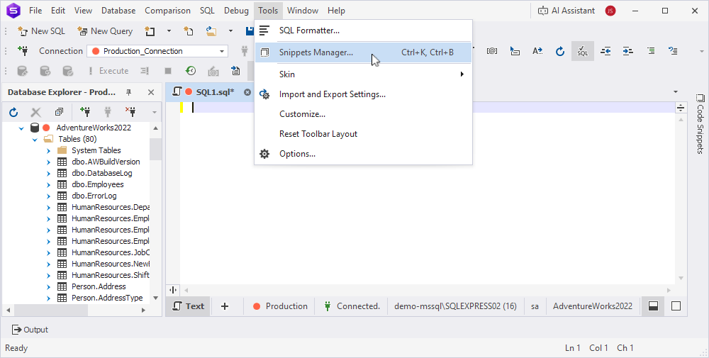 The expanded Tools menu