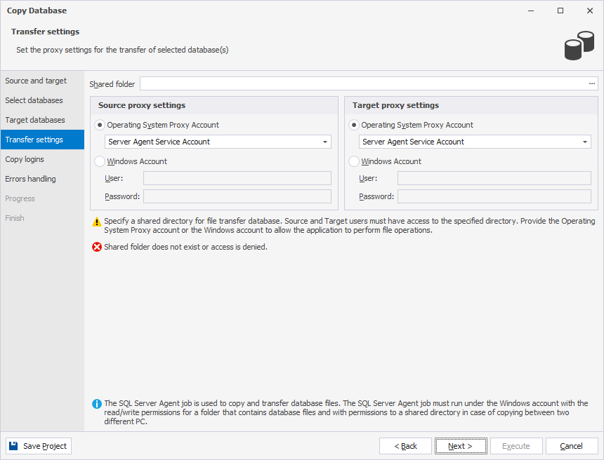 The Transfer settings page of the Copy Database wizard