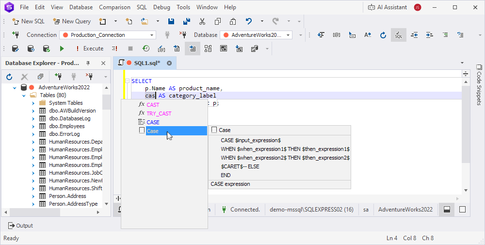 The suggestion box in the SQL Editor
