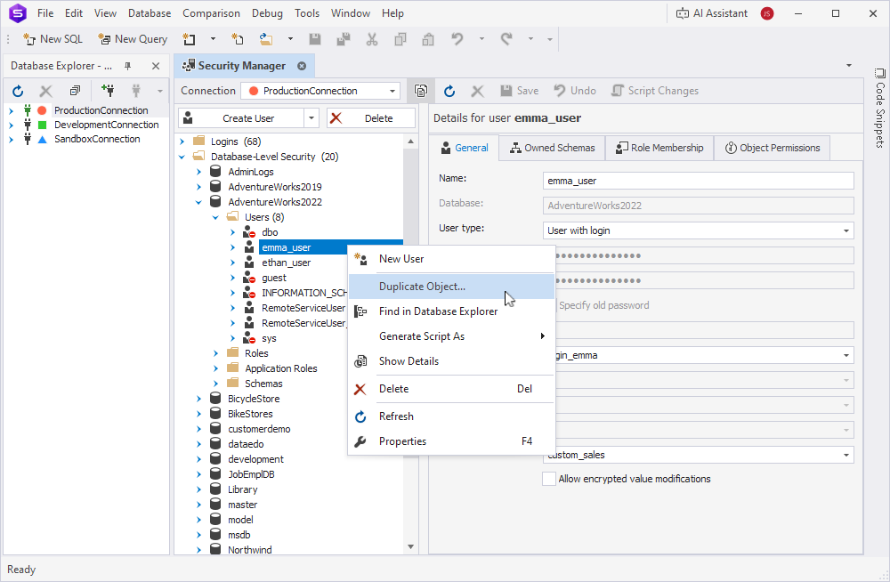 The Duplicate Object option highlighted in the shortcut menu for a user in the Security Manager window