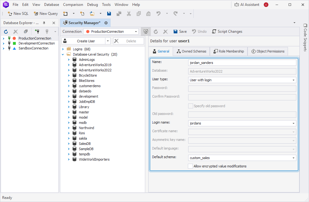 The General tab with details for a new user in the Security Manager window