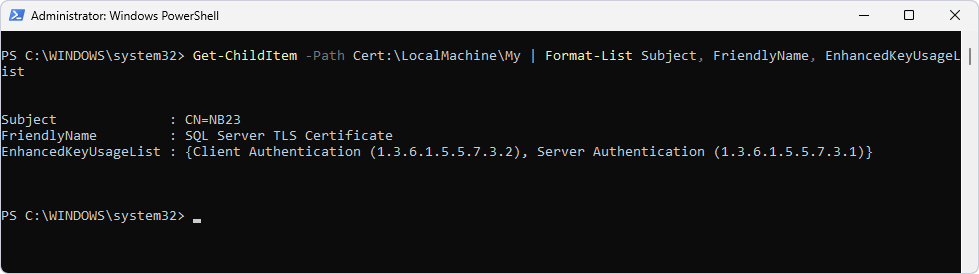 Verify the installation of the certificate via PowerShell