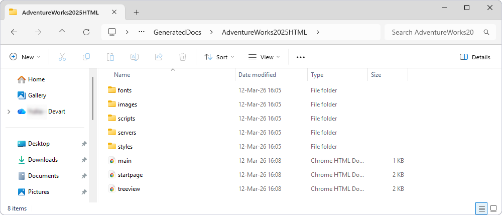 View the generated documentation structure in the HTML format