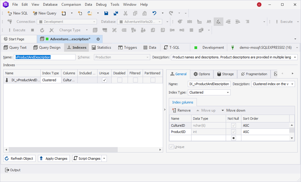 View Editor - Indexes