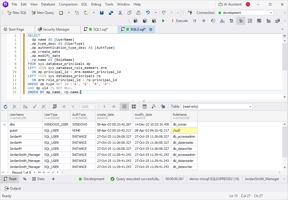 View permissions for each role using the system view for auditing