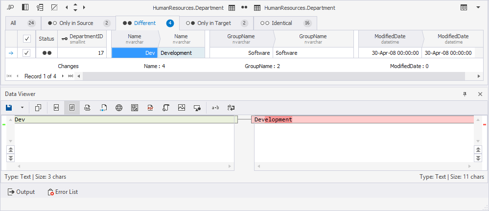 View row differences