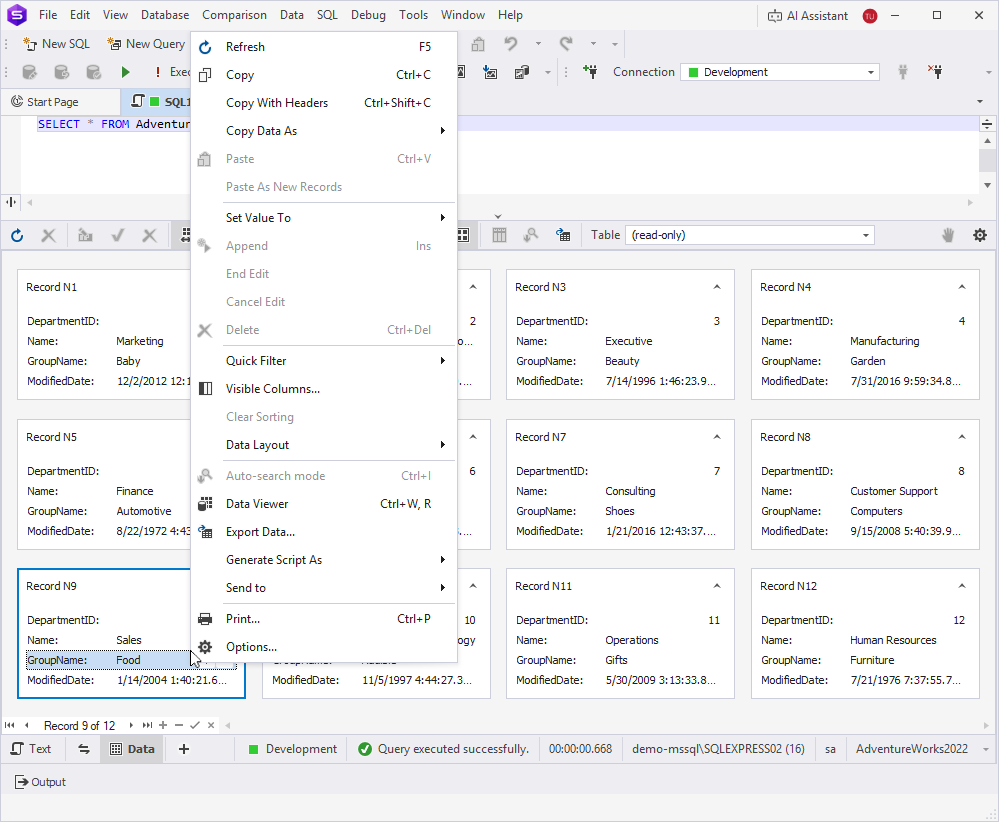 Viewing data - shortcut menu