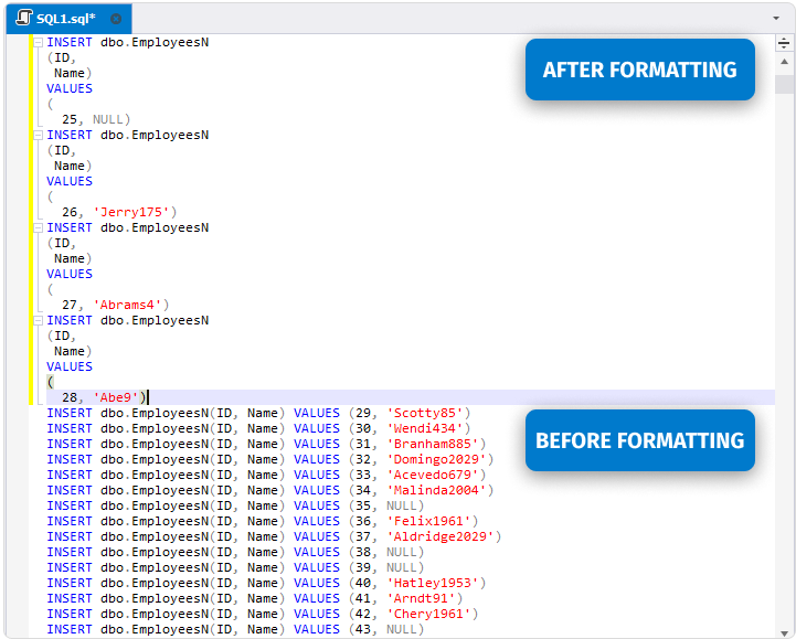 Working with SQL formatting