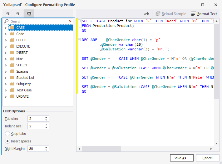 Configure formatting