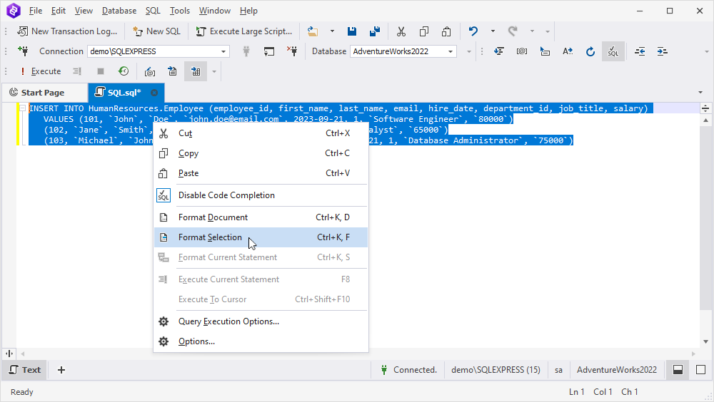 Working with SQL formatting