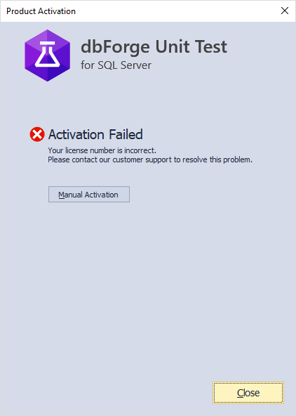 The Activation Failed window opens when online activation fails