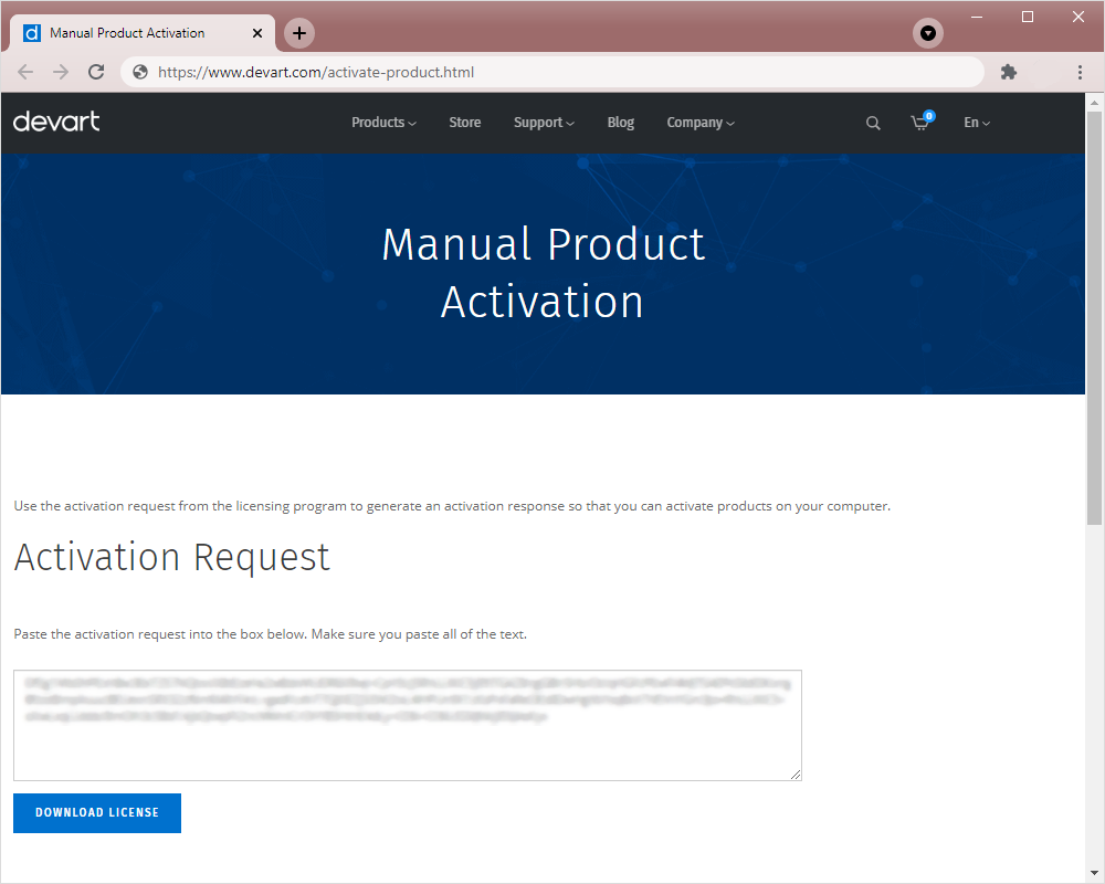 Open the Manual Product Activation page of the Devart website to download the license