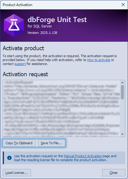 The Product Activation dialog with the activation request text