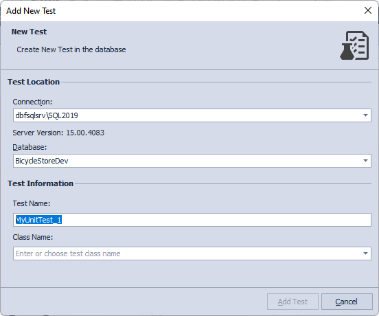 Specify test details in the Add New Test window