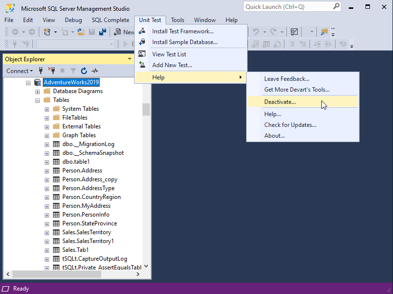 Launch the deactivation of the SQL unit testing tool from the Unit Test > Help Menu