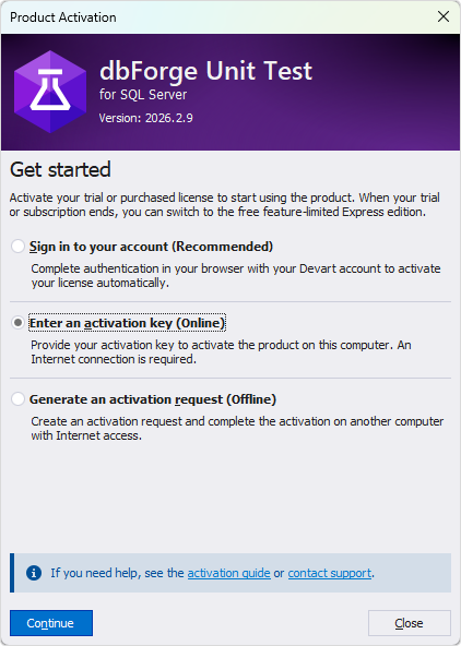Select the Enter activation key option