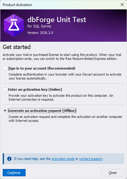 Select the Generate activation request option