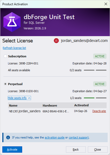 The Product Activation dialog - Multiple licenses