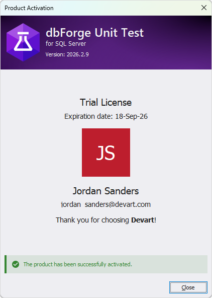 The Product Activation dialog - Successful activation of a trial license