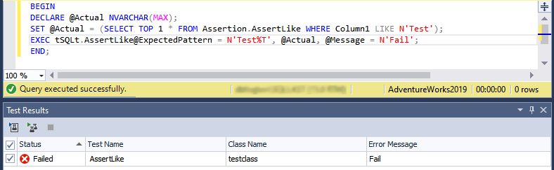 View details about the failed test in the Test Results window