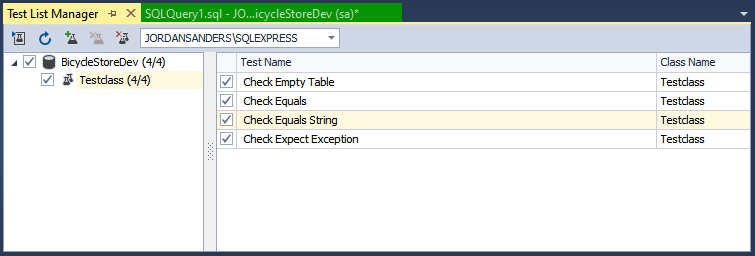 View SQL database unit tests in the Test List Manager