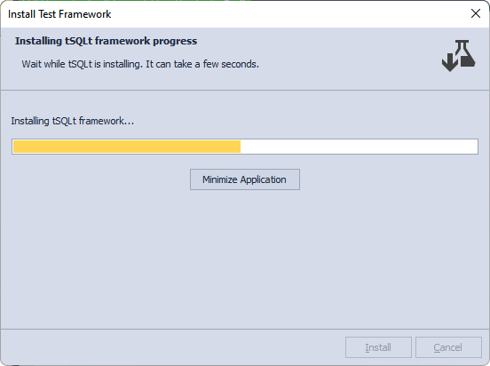 View the tSQLt Framework installation progress in the window