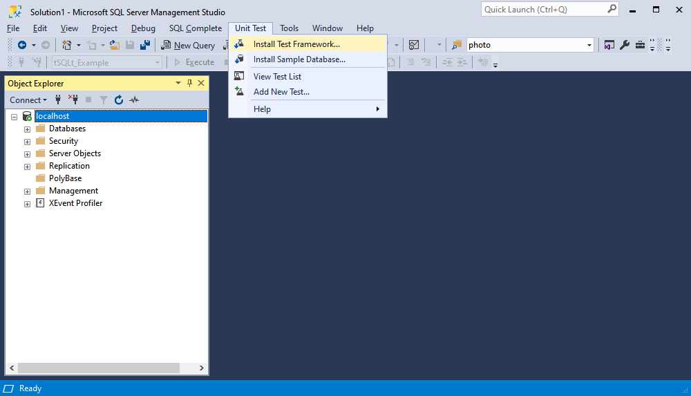 Launch the installation of the SQL Server unit testing framework Unit Test from the Unit Test main menu