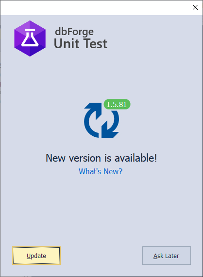 View the Update window informing that a new version of SQL unit testing is available
