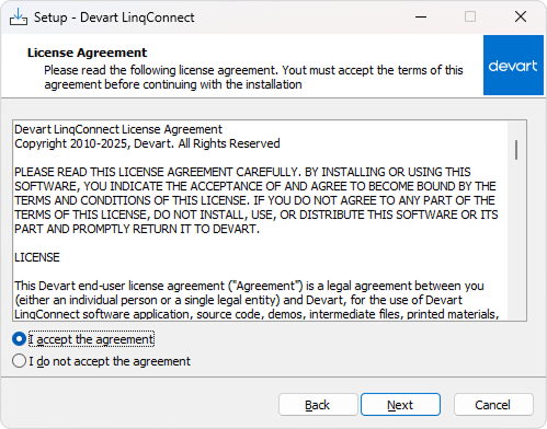 Installation via wizard - license agreement